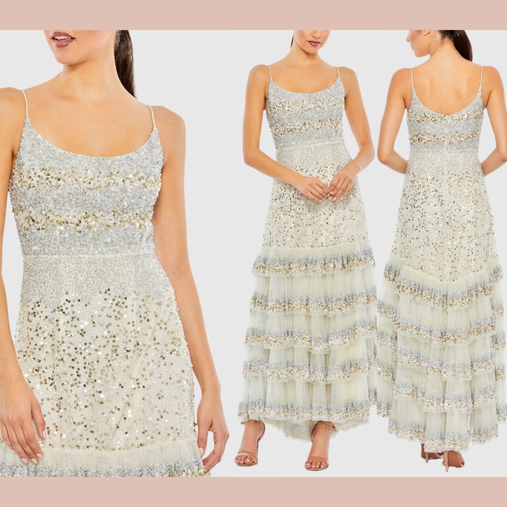 NWT MAC DUGGAL [‎ 8 ] 10883 Embellished Scoop Neck Tiered Gown Champagne J1481